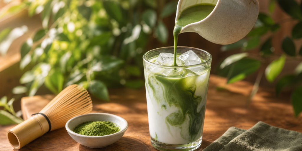 Iced matcha latte with soft green swirls