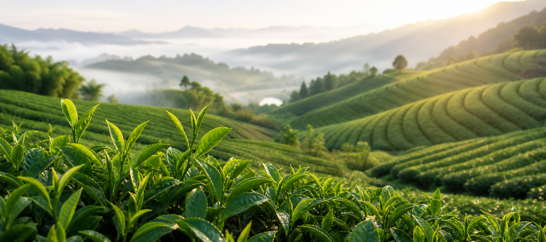 Green tea leaves and tea garden